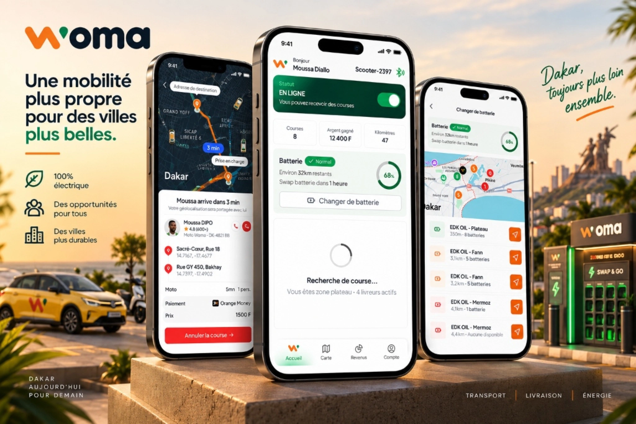 Super-App mobile WOMA - Transport VTC, Chauffeur, Batterie Swap et Livraison à Dakar