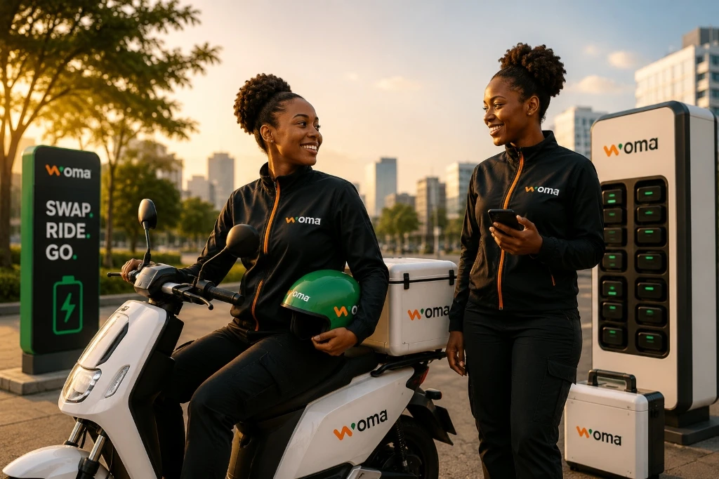 Conductrices et livreuses WOMA avec scooter électrique et station de swap batterie à Dakar