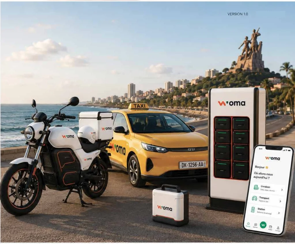 L'écosystème WOMA complet : moto électrique, taxi, station de recharge, batterie portable et application mobile à Dakar
