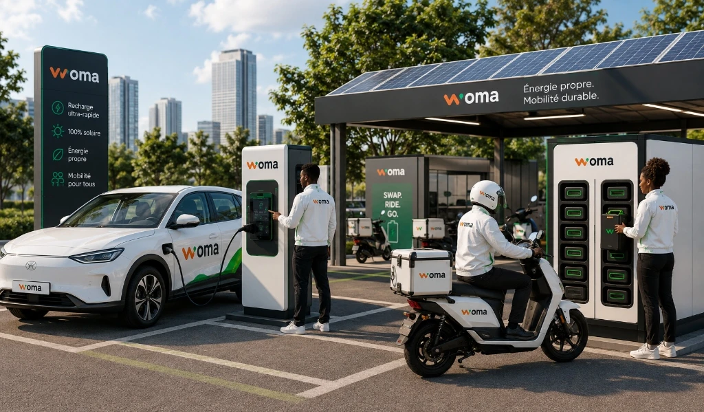 Hub d'énergie solaire WOMA à Dakar : borne de recharge ultra-rapide DC, canopée solaire et station de swap batteries