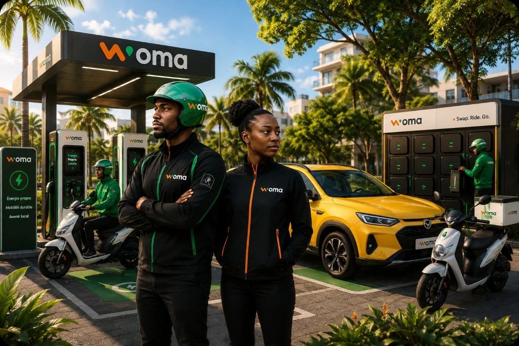 Équipe mixte WOMA - Conductrice et conducteur professionnels en uniforme devant la station de recharge solaire à Dakar