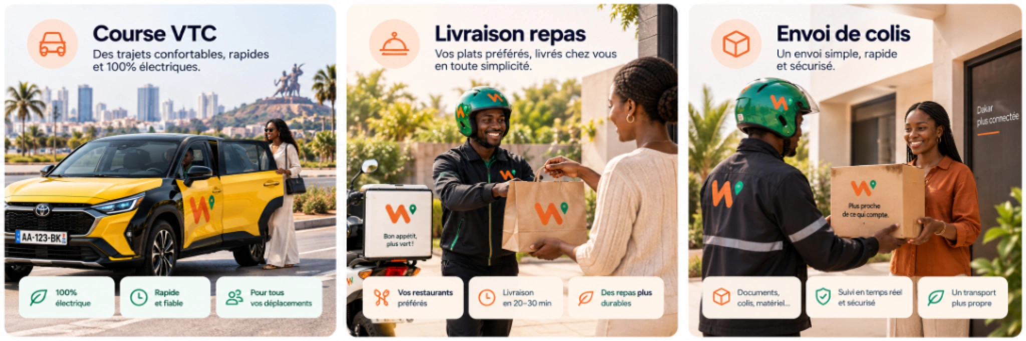 Services WOMA : Course VTC, Livraison Repas et Envoi de Colis 100% Électriques