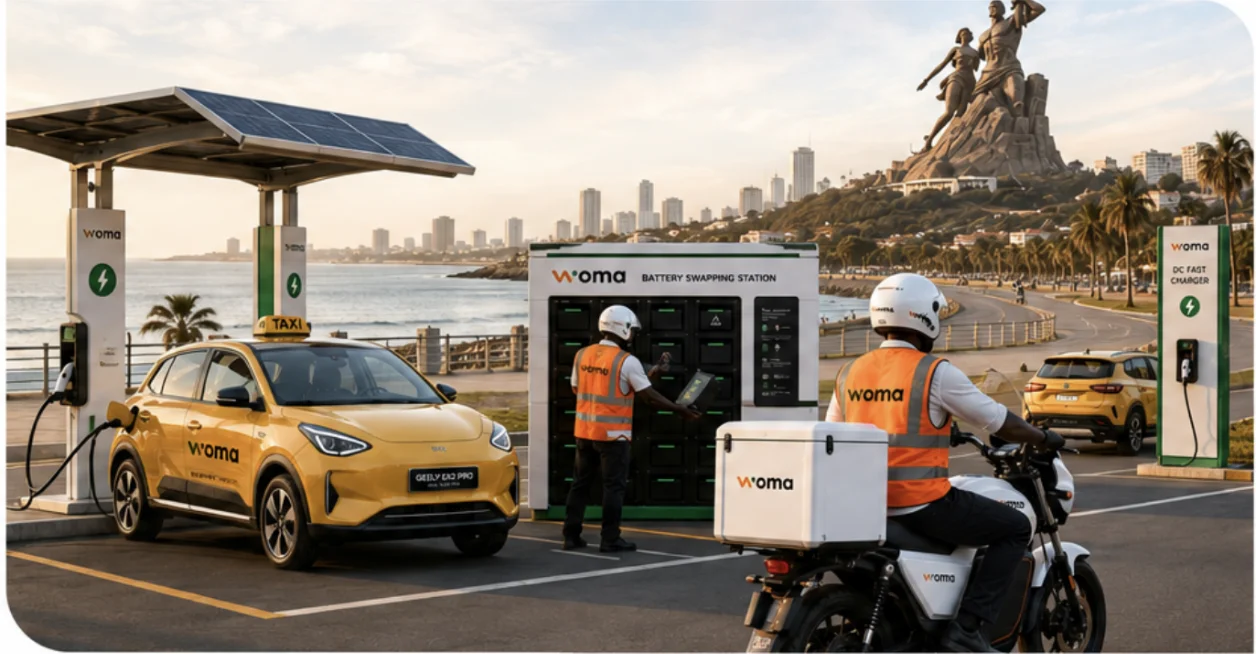 Station de recharge WOMA et livreurs à Dakar
